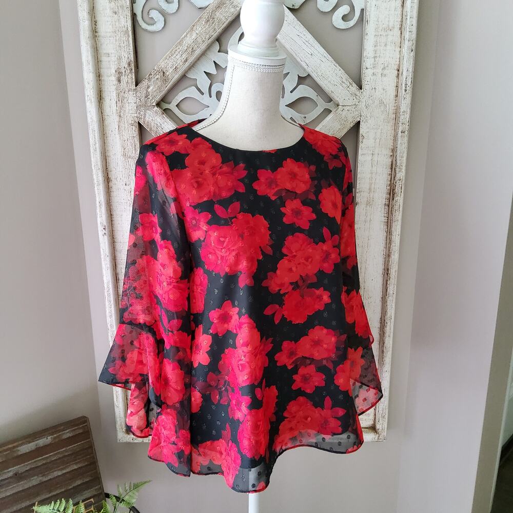Kasper Women's Carrie Chiffon Bell Sleeve Floral Blouse Metallic Dot Red & Black